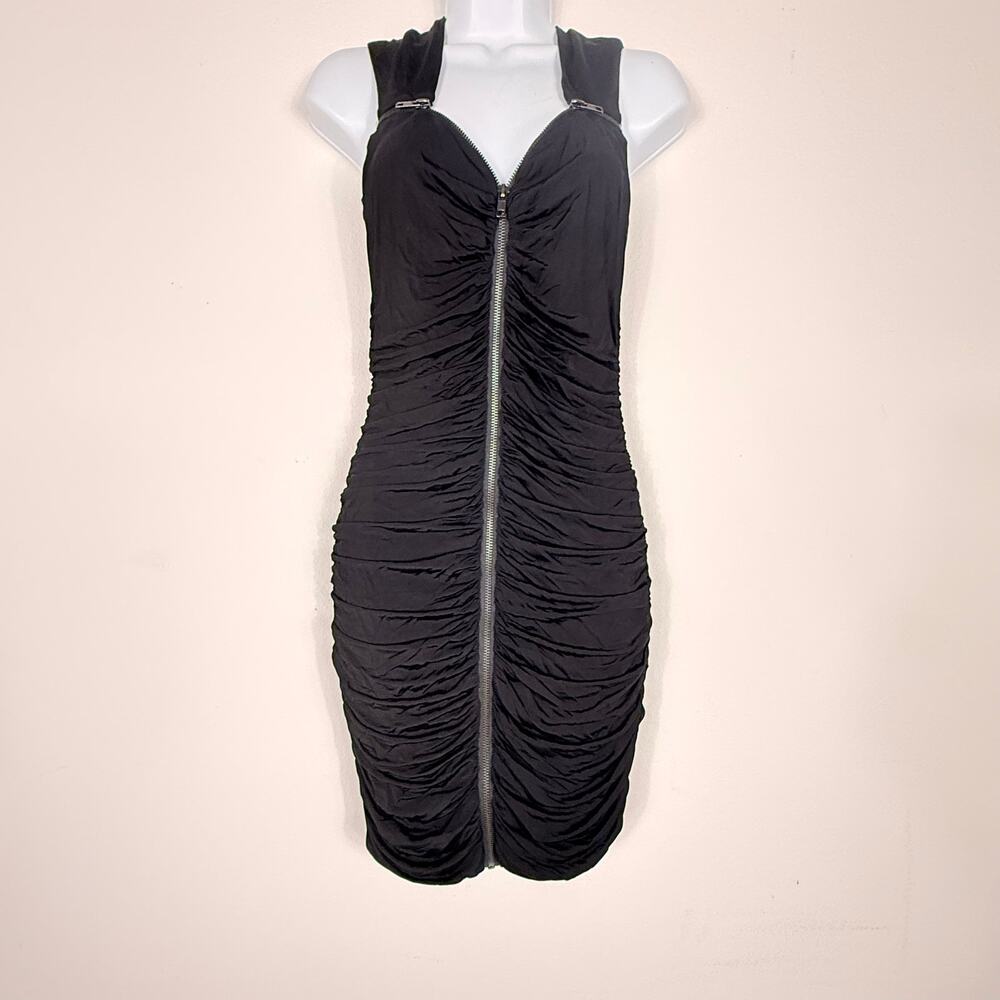 Bebe Black Ruched Front Zip Bodycon Mini Dress Size Small Y2K